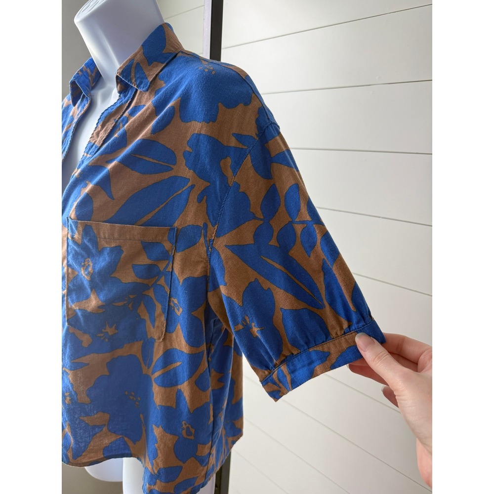 Every Linen Blend Tropical Print Button Up Short Sleeve Shirt Blue Brown Small - Picture 3 of 9